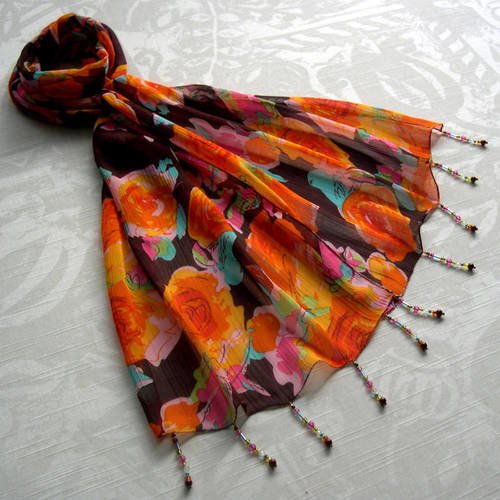 Foulard décoré de perles, écharpe légère, accessoires femme, orange et marron, motif fleuri, 096