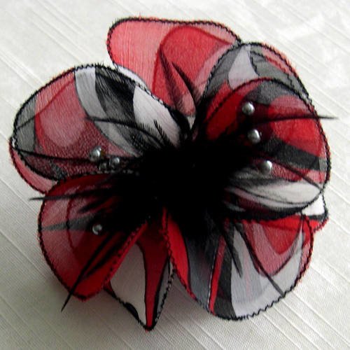 Barette fleur en tissu, plumes et perles, accessoires coiffure, mariage, rouge et noire, 093