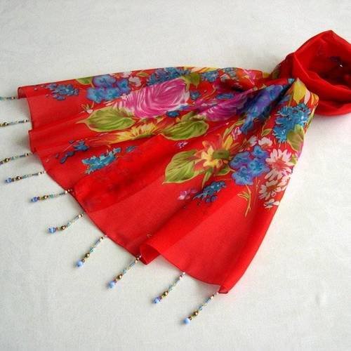 Foulard décoré de perles, écharpe légère, accessoires femme, rouge et multicolore, motif fleurs; 087