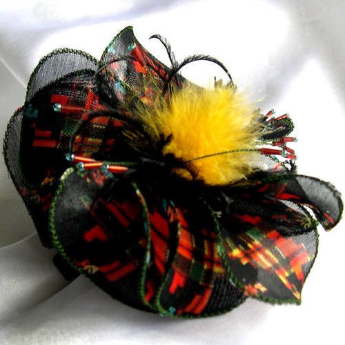 Barette fleur en tissu, plumes et perles, accessoires coiffure, mariage, fête, noir, rouge et jaune, 234