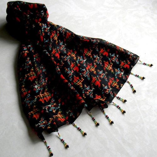 Foulard décoré de perles, écharpe légère, accessoires femme, noir, multicolore, motif fleuri, 234