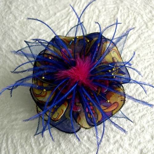 Broche fleur en tissu, organza, plumes et perles, accessoires femme, jaune, rose et bleu, 236