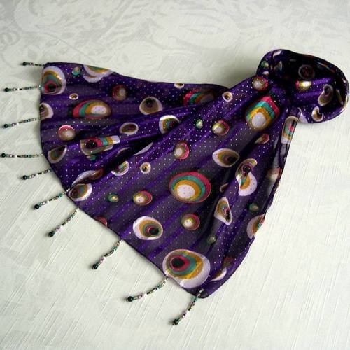 Foulard décoré de perles, écharpe légère, accessoires femme, violet et multicolore, motif sphères 071