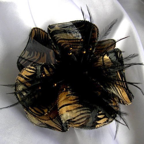 Broche fleur en tissu, décorée de plumes et de perles, accessoires femme, noir et jaune, 233