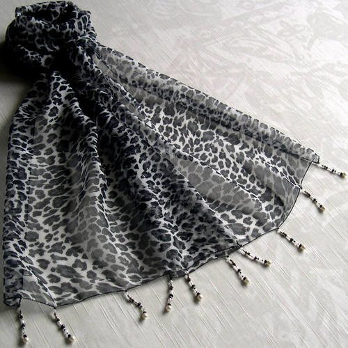 Foulard décoré de perles, écharpe légère, accessoires femme, noir et blanc, motif léopard, 228