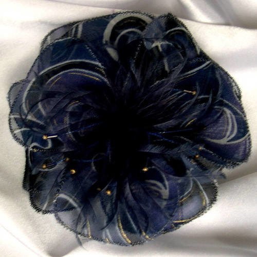 Broche fleur en tissu, plumes et perles, accessoires femme, bleu et gris, 232