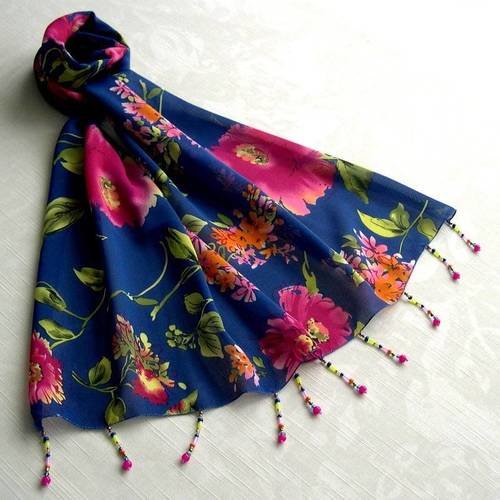 Foulard décoré de perles, écharpe légère,accessoires femme, bleu, rose, vert, orange, motif fleurs, 063