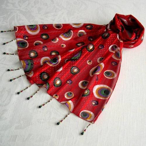 Foulard décoré de perles, écharpe légère, accessoires femme, rouge, motif sphères multicolores, 072