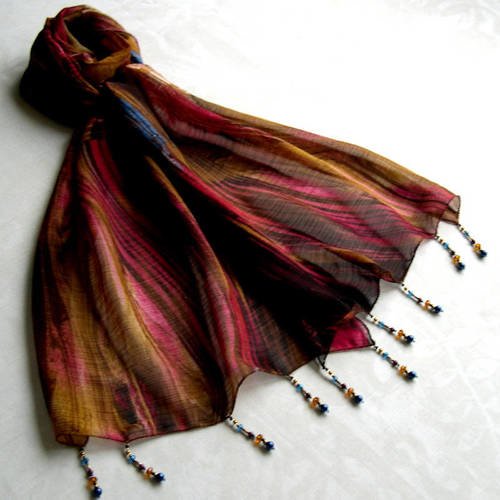 Foulard décoré de perles, écharpe légère, accessoiresfemme, marron, bleu et rouge, motif abstrait, 230