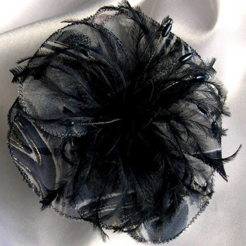 Barette fleur en tissu, plumes et perles, accessoires coiffure, mariage, bleu et gris, 232