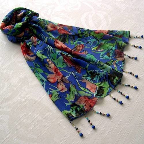 Foulard décoré de perles, écharpe légère, accessoires femme, bleu, vert et rouge, motif fleurs, 077