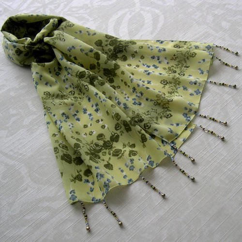 Foulard décoré de perles, écharpe légère, accessoires femme, jaune et vert, motif fleuri, 080
