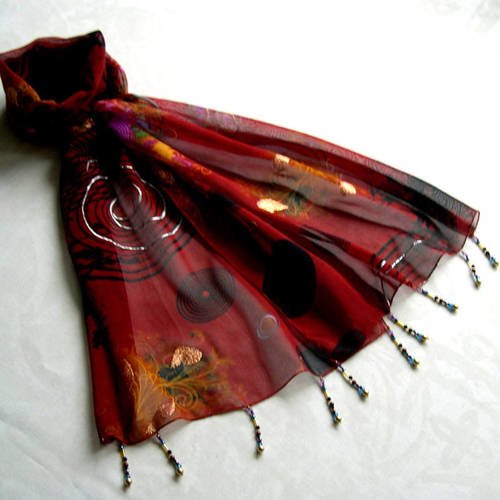 Foulard décoré de perles, écharpe légère, accessoires femme, marron et rose, motif abstrait, 231