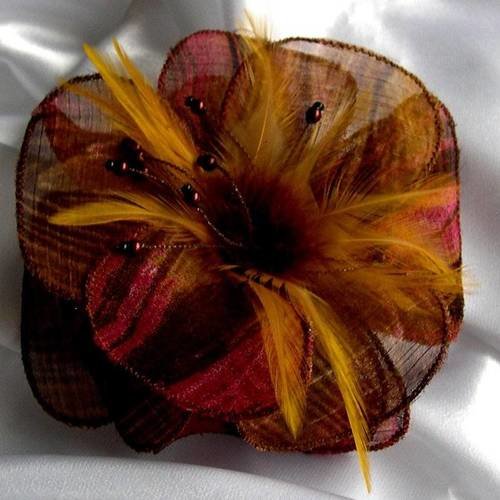 Broche fleur en tissu,plumes et perles, accessoires femme, marron, bordeaux et jaune, 230