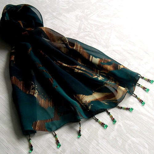 Foulard décoré de perles, écharpe légère, accessoires femme, vert et marron, motif abstrait, 229