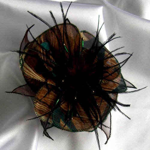 Broche fleur en tissu, organza, plumes et perles, accessoires femme, marron et vert, 229