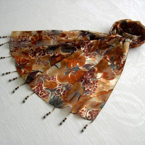 Foulard décoré de perles, écharpe légère, accessoires femme, marron et beige, motif fleuri, 078