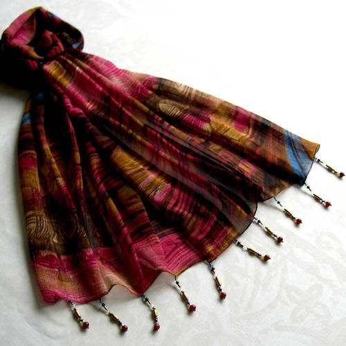 Foulard décoré de perles, écharpe légère, accessoires femme, bordeaux et  marron, motif abstrait, 230
