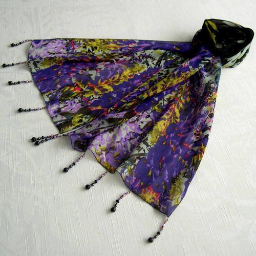 Foulard décoré de perles, écharpe légère, accessoires femme, violet, noir,  vert, motif fleuri, 065