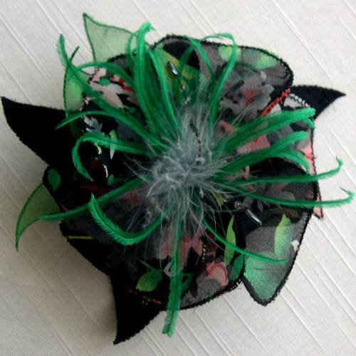 Broche fleur en tissu, organza, plumes et perles, accessoires femme, noir et vert, 075
