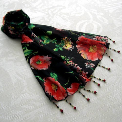 Foulard décoré de perles, écharpe légère, accessoires femme, noir, rouge et vert, motif fleurs, 075