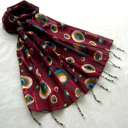 Foulard décoré de perles, écharpe légère, accessoires femme, bordeaux,  motif sphères multicolores, 073