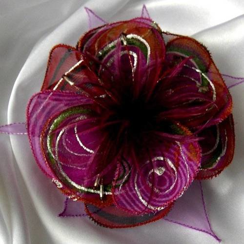 Broche fleur en tissu, organza, plumes et perles, accessoires femme, bordeaux et  rose,  231