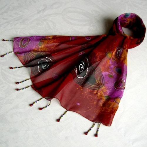 Foulard décoré de perles, écharpe légère, accessoires femme, marron et rose, motif abstrait, 231