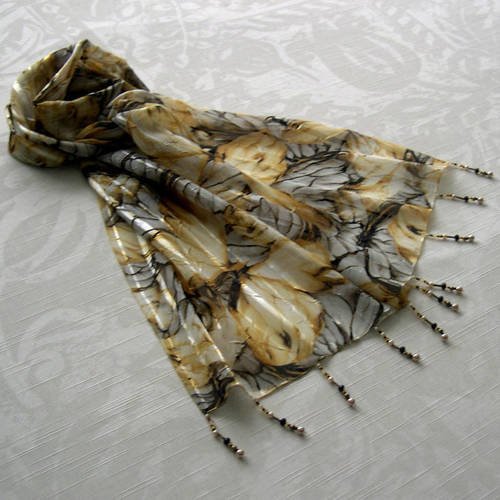 Foulard décoré de perles, écharpe légère, accessoires femme, jaune et gris, motif papillons, 074