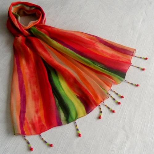 Foulard décoré de perles, écharpe légère, accessoires femme, orange, rouge et vert, motif abstrait, 244