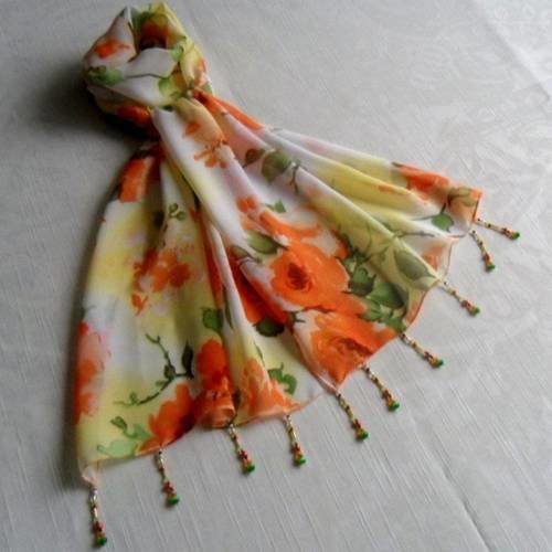 Foulard décoré de perles, écharpe légère, accessoires femme, jaune, vert et orange, motif fleurs 238