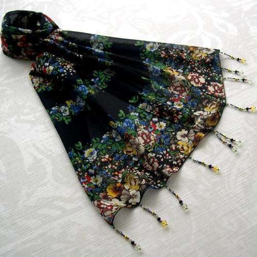 Foulard décoré de perles, écharpe légère, accessoires femme, noir et multicolore, motif fleuri, 067