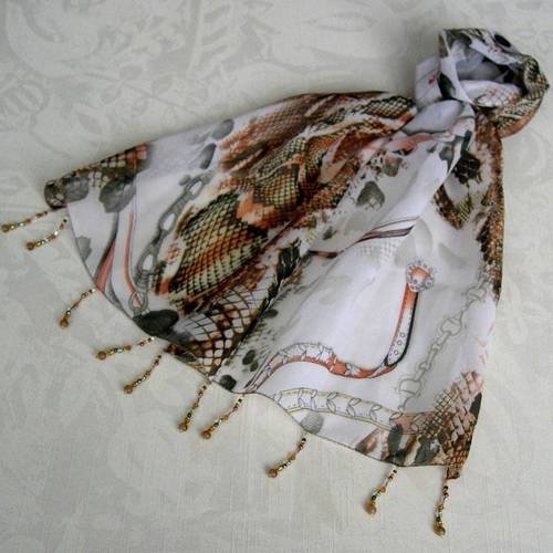 Foulard décoré de perles, écharpe légère, accessoires femme, blanc, orange et kaki, 027