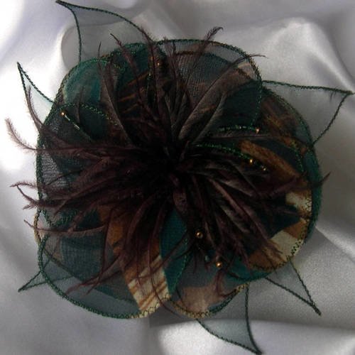Broche fleur en tissu, organza, plumes et perles, accessoires femme, vert et marron, 229