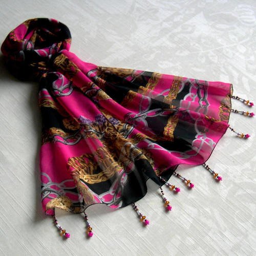 Foulard décoré de perles, écharpe légère, accessoires femme, rose, marron et noir, motif classique, 223