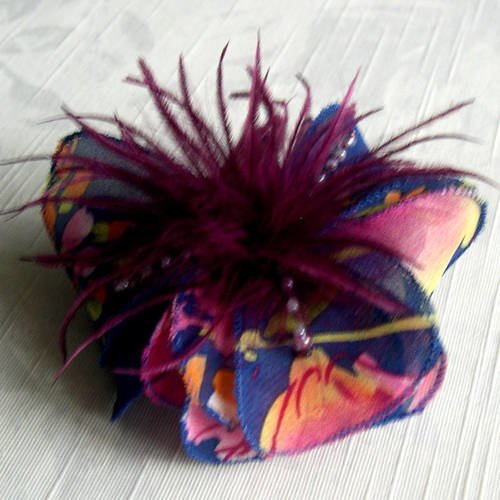 Barette fleur en tissu, plumes et perles, accessoires coiffure, bleu, rose et bordeaux, 063