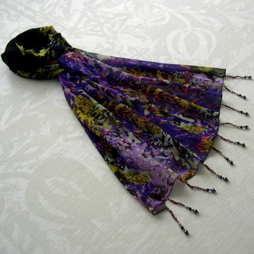 Foulard décoré de perles, écharpe légère, accessoires femme, violet, noir et  vert, motif fleuri, 065