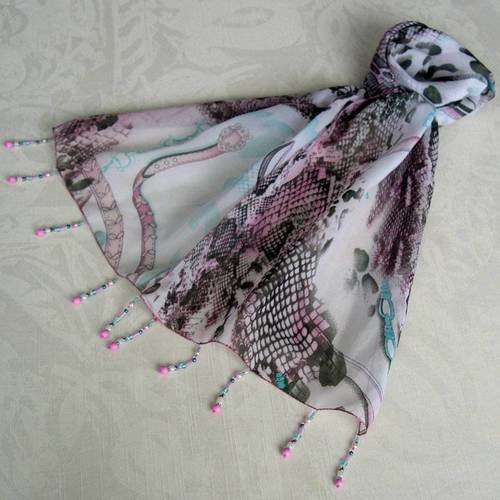Foulard décoré de perles, écharpe légère, accessoires femme, blanc, bleu et rose, motif abstrait, 025