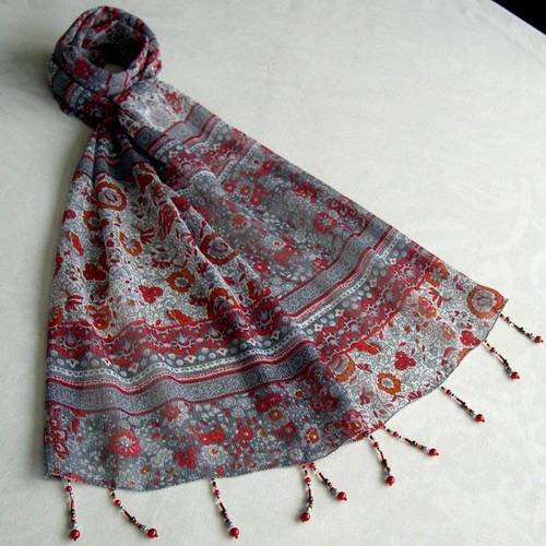 Foulard décoré de perles, écharpe légère, accessoires femme,  gris, rouge et orange, motif fleuri, 029