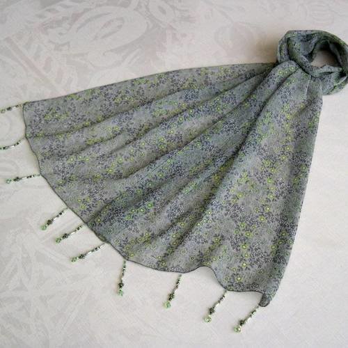 Foulard décoré de perles, écharpe légère, accessoires femme, gris et vert, motif fleuri, 011