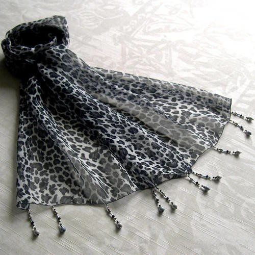 Foulard décoré de perles, écharpe légère, accessoires femme, noir et blanc, motif léopard, 228