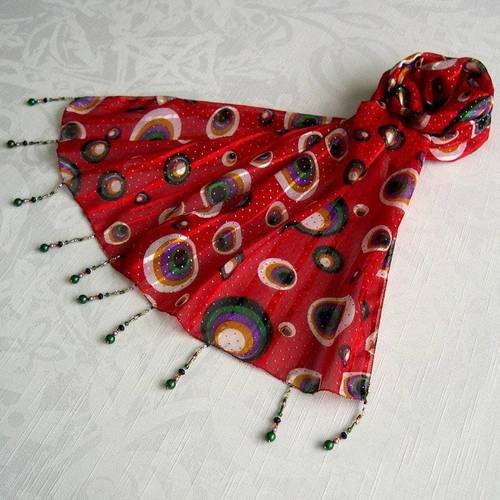 Foulard décoré de perles, écharpe légère, accessoires femme, rouge et multicolore, motif sphères, 072