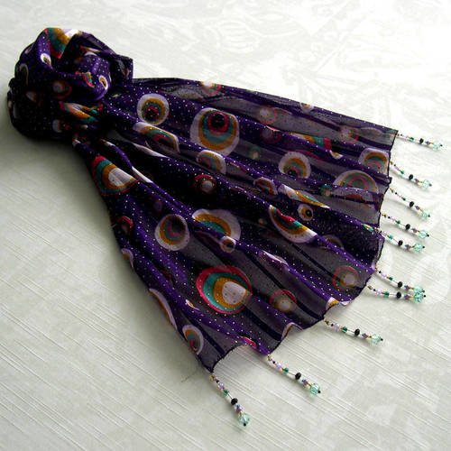 Foulard décoré de perles, écharpe légère, accessoires femme, violet et multicolore, motif sphères, 071