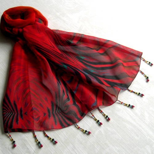Foulard décoré de perles, écharpe légère, accessoires femme, rouge et bleu, motif abstrait, 226