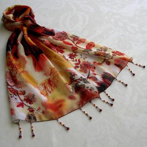 Foulard décoré de perles, écharpe légère, accessoires femme, orange, rouge et marron, motif fleuri, 109