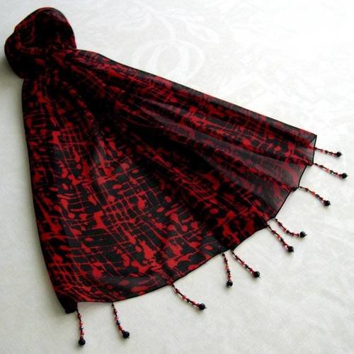 Foulard décoré de perles, écharpe légère, accessoires femme,  rouge et noir, motif abstrait, 124