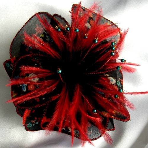 Broche fleur en tissu, plumes et perles, accessoires femme, noir et rouge, 234