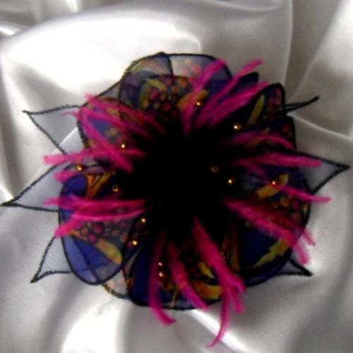 Barette fleur en tissu et organza, plumes et perles, accessoires coiffure, bleu et rose, 236