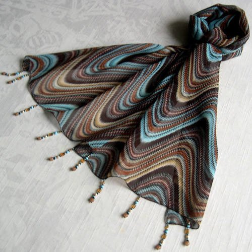 Foulard décoré de perles, écharpe légère, accessoires femme, bleu, marron et beige, motif abstrait, 220