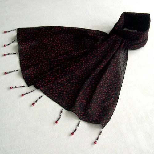 Foulard décoré de perles, écharpe légère, accessoires femme, rouge et noir, motif roses, 047